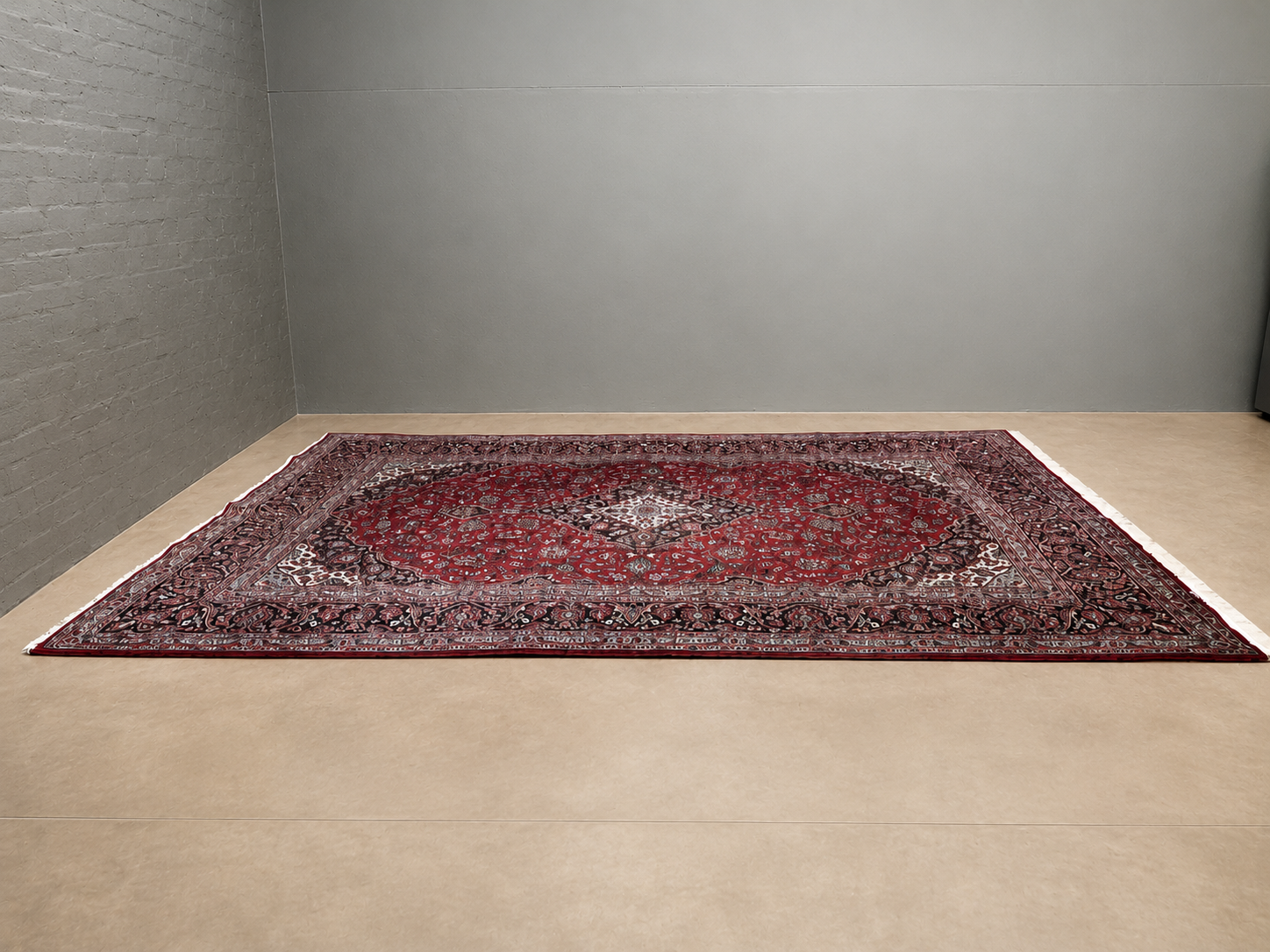 Large Qom‑style wool area rug, labelled Made in Iran (Qom) — 400 x 296 cm, red ground floral