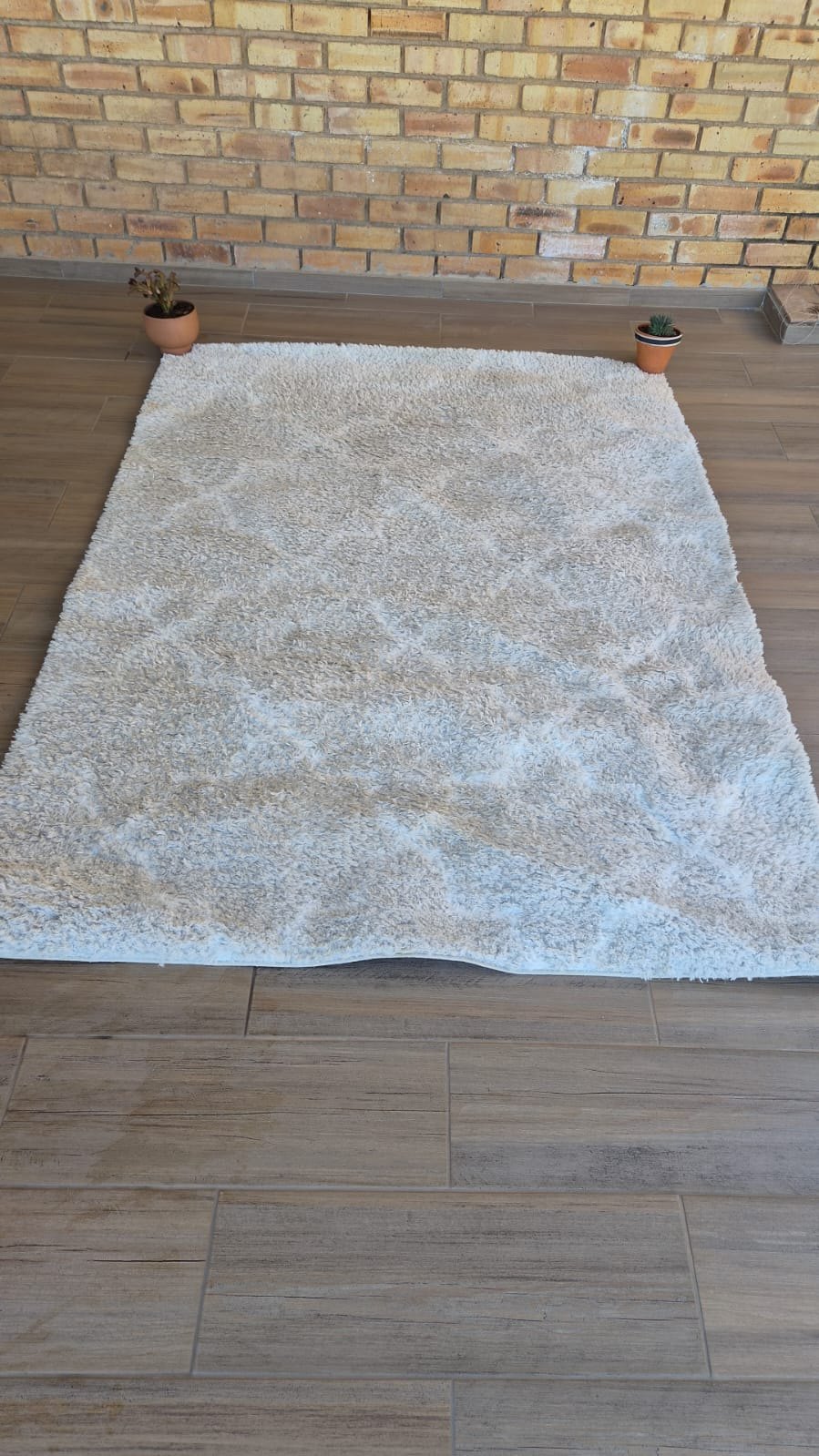 White & Beige Shag Area Rug 160 × 220 cm — High Pile, Rubber Backing, Cleaned