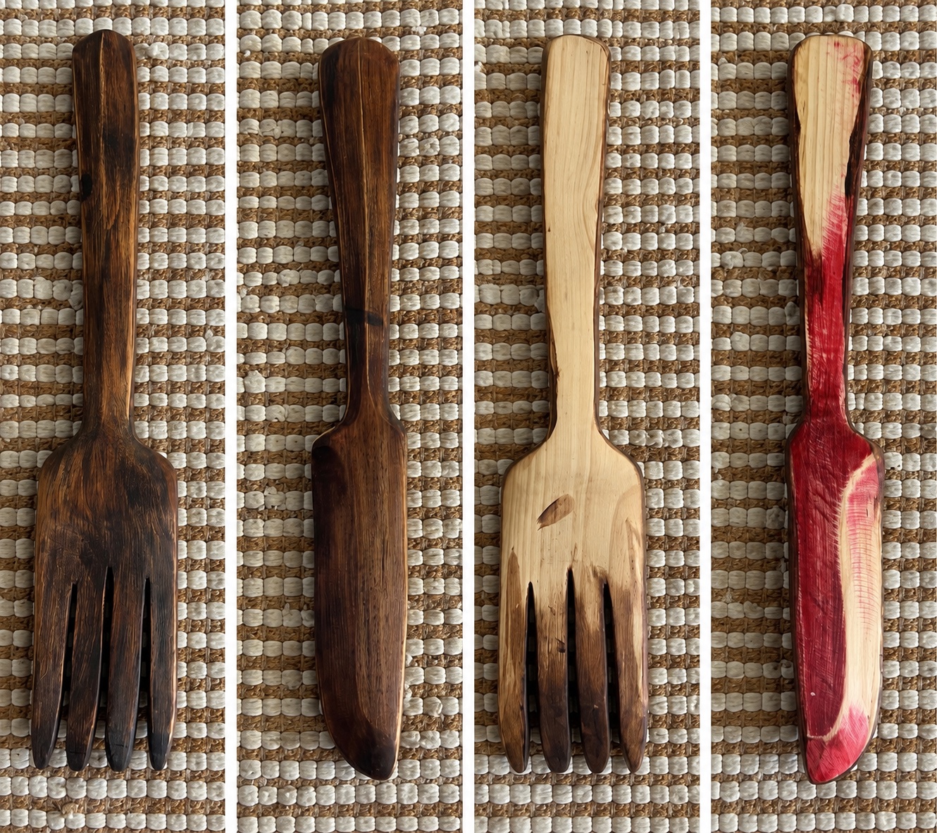 Pair of Oversized Decorative Wooden Wall Utensils — Fork & Knife, Burnt-Finish, D‑ring Hangers