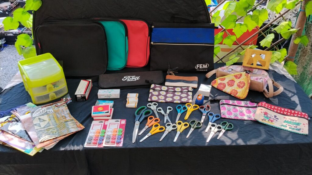 Mixed stationery & organisers lot — scissors, pouches, sleeves, sealed staples & magnets, small drawer unit