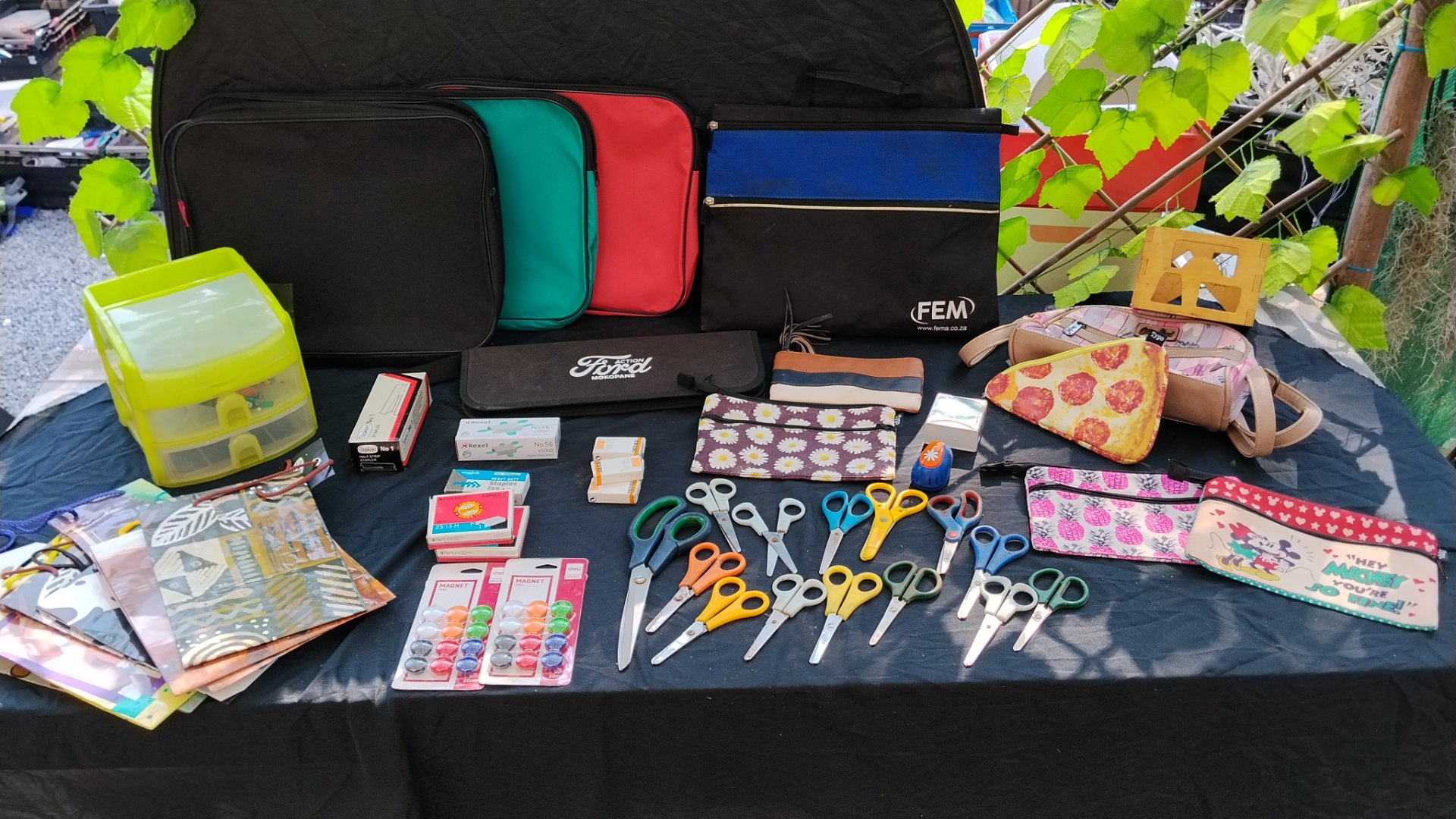 Mixed stationery & organisers lot — scissors, pouches, sleeves, sealed staples & magnets, small drawer unit