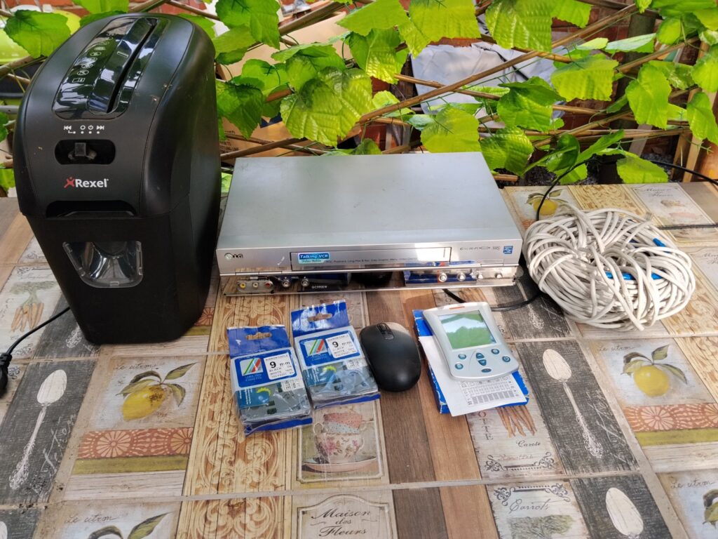 Mixed lot: Rexel ProStyle shredder, LG Talking VCR (GC990EW), sealed 9mm label tapes, electronic organiser, mouse & coax cable – Untested
