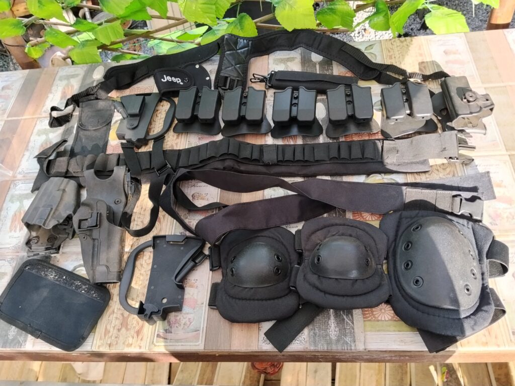 Assorted Tactical Chest/Shoulder Rig — Multiple Mag Pouches, 2 Holsters, Knee Pads (Used, Untested)