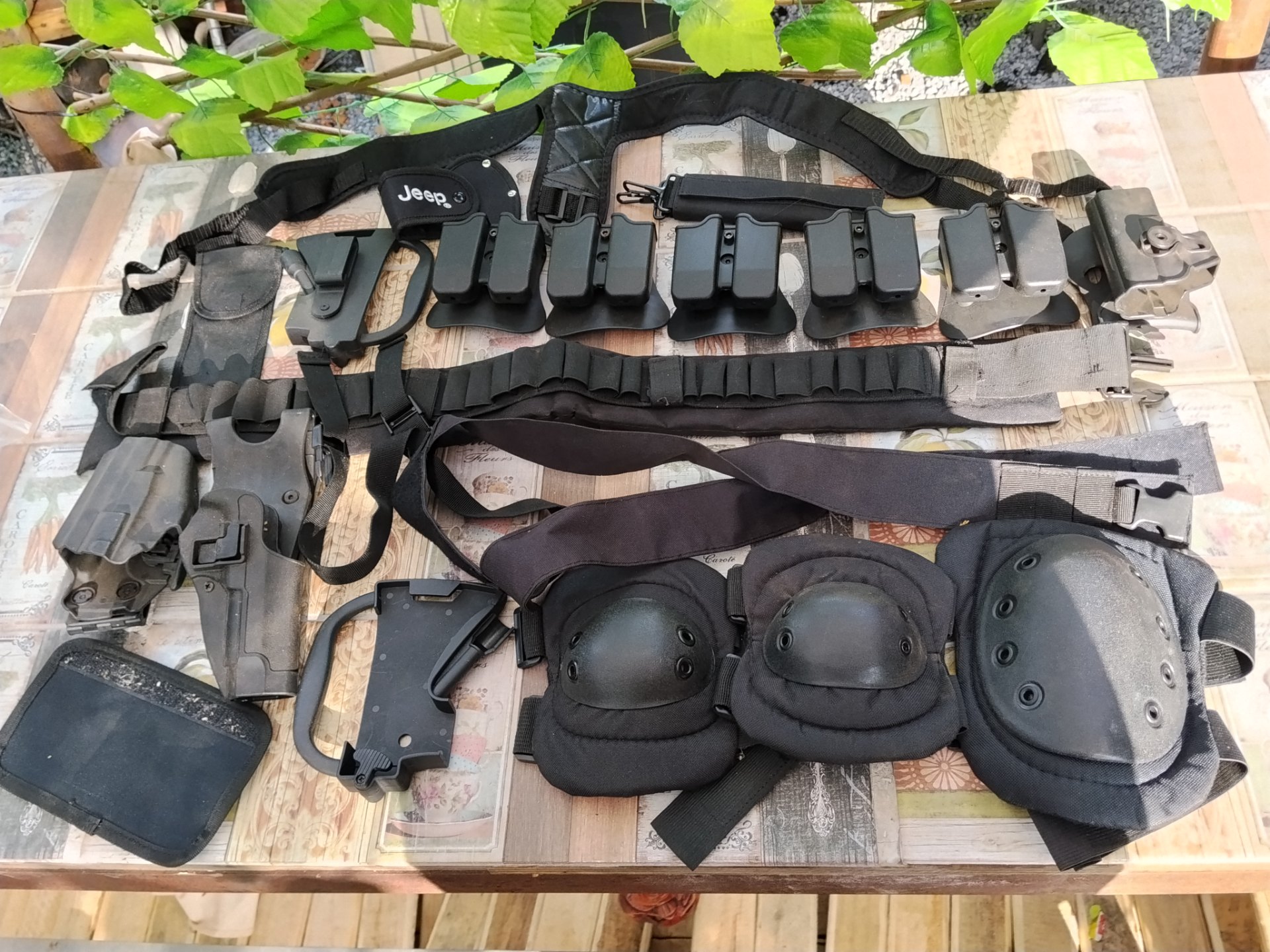 Assorted Tactical Chest/Shoulder Rig — Multiple Mag Pouches, 2 Holsters, Knee Pads (Used, Untested)