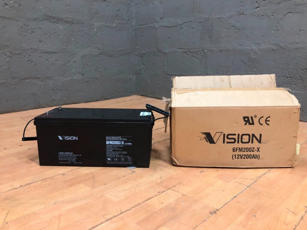 Vision 6FM200Z-X 12V 200Ah VRLA Sealed Lead‑Acid Battery — with original box, terminals & strap
