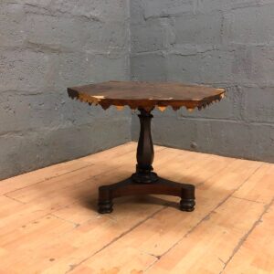 Hexagonal veneered occasional / side table with turned pedestal & tripod base — top damaged