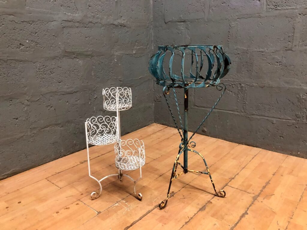 Lot of 2 Decorative Metal Plant Stands — Tall Turquoise Tripod & White 3-Tier Spiral Stand
