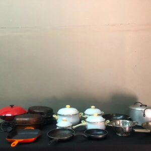 Mixed kitchen cookware lot — 14 pieces (pots, pans, colander) with Sunbeam electric grill (EWK05); heavy wear, one electric pot not working
