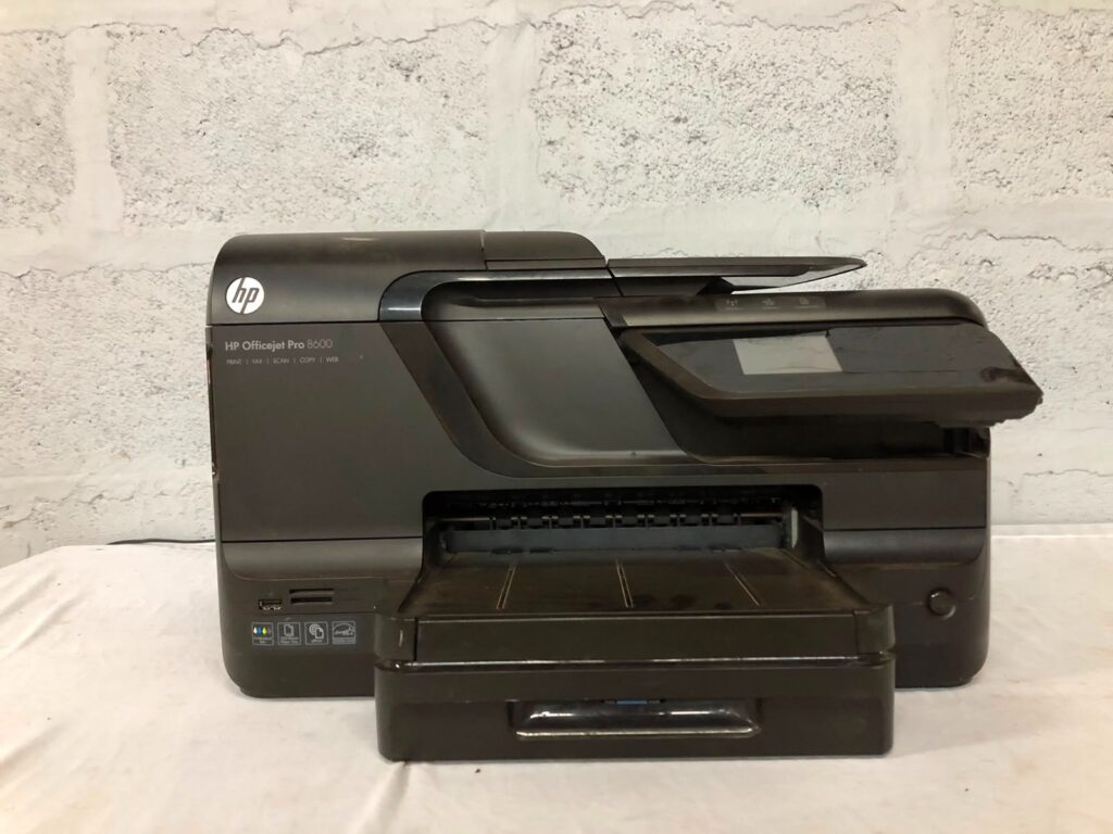 HP Officejet Pro 8600 All-in-One Printer — Powers on; Touchscreen shows ‘Printer Failure’; ADF + Flatbed; Cartridges Included (No Power Cable)