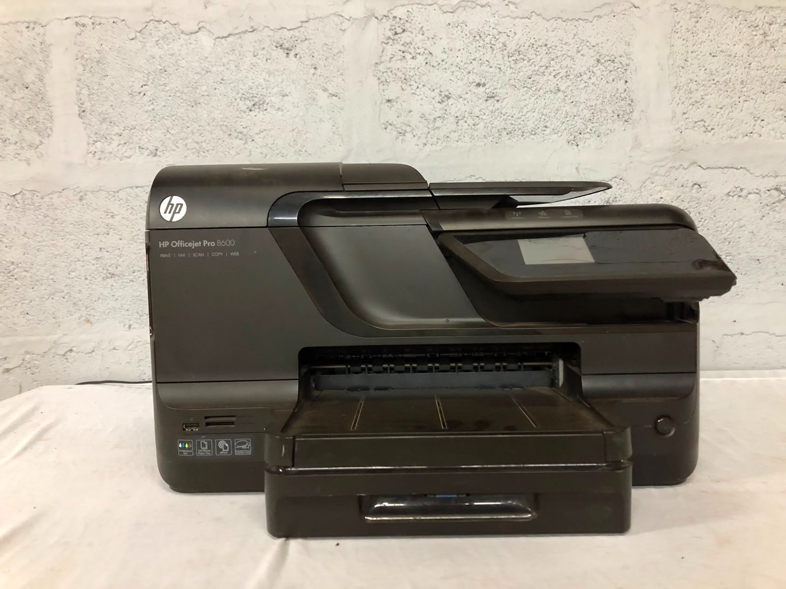 HP Officejet Pro 8600 All-in-One Printer — Powers on; Touchscreen shows ‘Printer Failure’; ADF + Flatbed; Cartridges Included (No Power Cable)