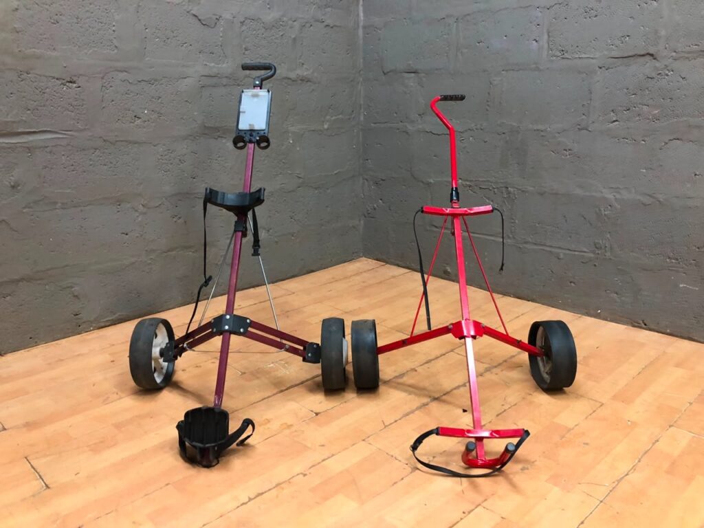 Pair of Foldable 3‑Wheel Golf Push/Pull Trolleys — straps, scorecard holder, visible SUPER POWER decal