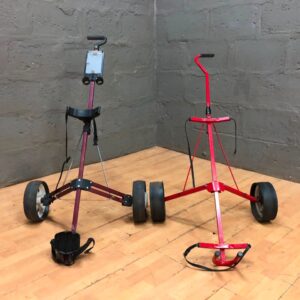 Pair of Foldable 3‑Wheel Golf Push/Pull Trolleys — straps, scorecard holder, visible SUPER POWER decal