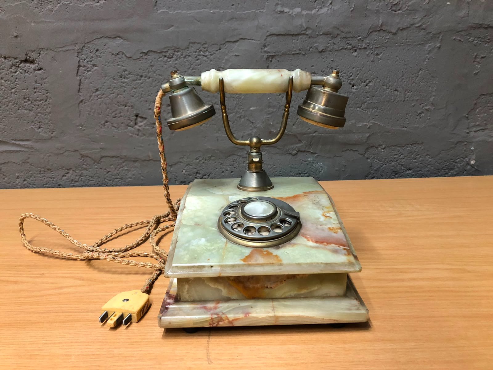 Vintage natural onyx rotary-style desk telephone – stepped onyx base, brass fittings & braided cloth cord