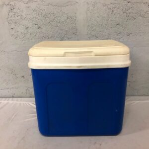 Blue Plastic Cooler / Ice Chest with White Lid — Used, Needs Clean, Not Watertight (39 x 44 x 28 cm)