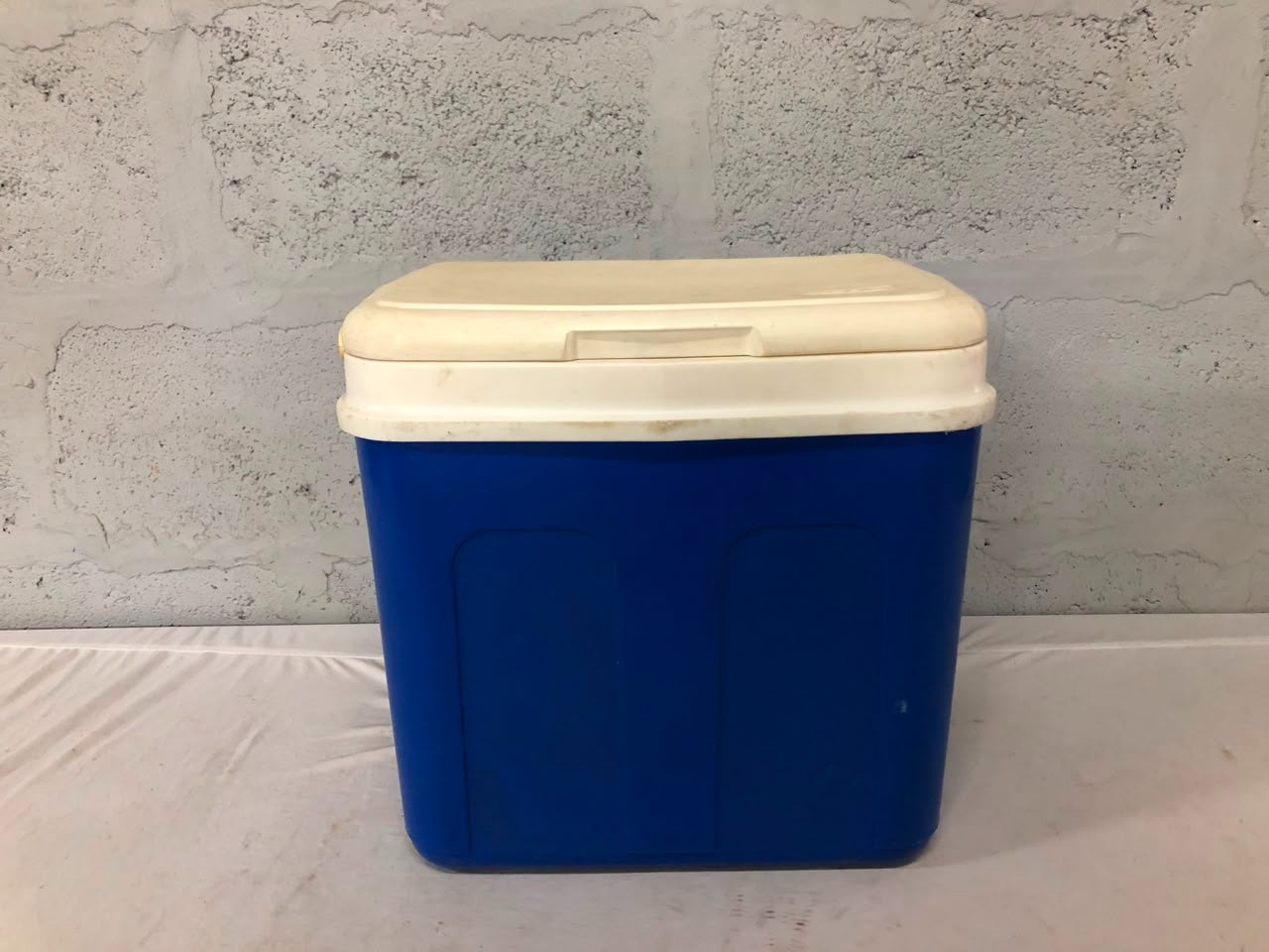 Blue Plastic Cooler / Ice Chest with White Lid — Used, Needs Clean, Not Watertight (39 x 44 x 28 cm)