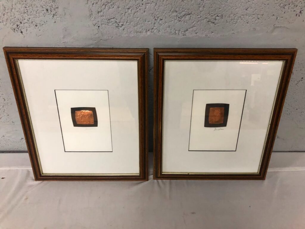 Pair of Framed Copper Reliefs, Signed ‘Davidson’ — Matted Wooden Frames (31 x 35 cm ea)