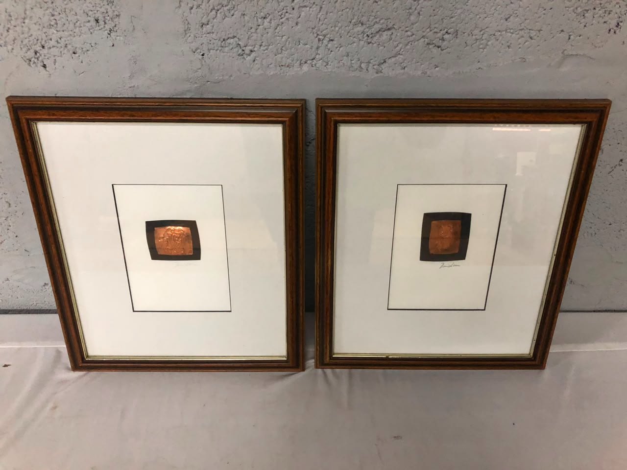 Pair of Framed Copper Reliefs, Signed ‘Davidson’ — Matted Wooden Frames (31 x 35 cm ea)