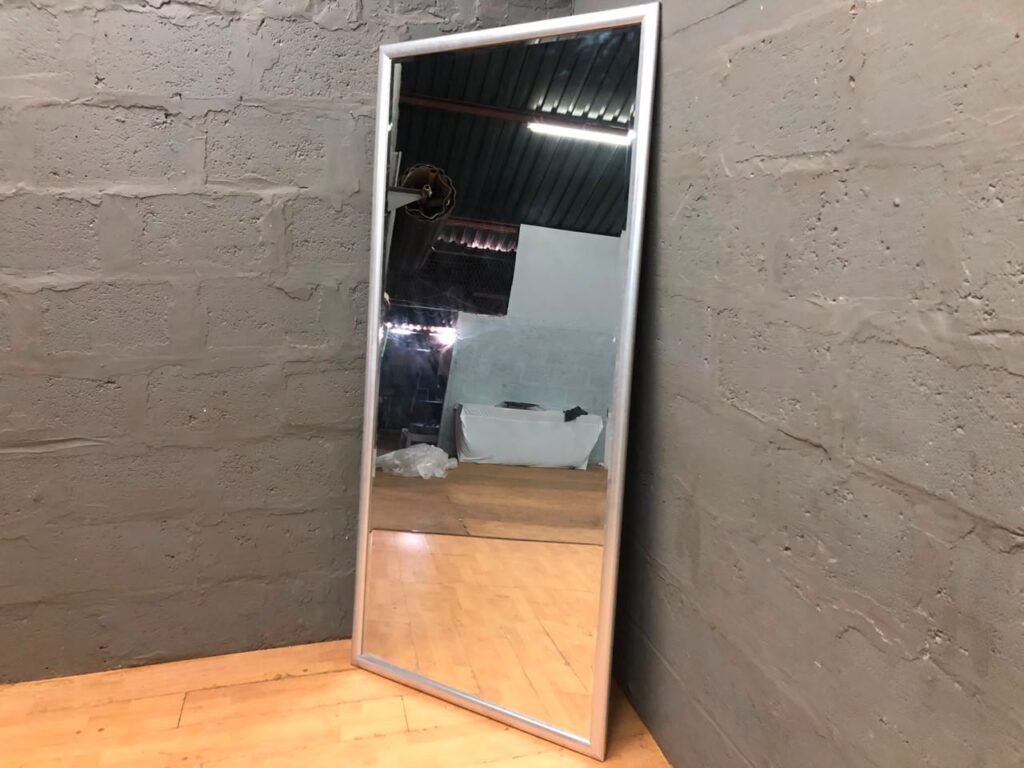 Full‑length Framed Wall Mirror — 207 x 98 cm, silver aluminium‑look frame, glass intact