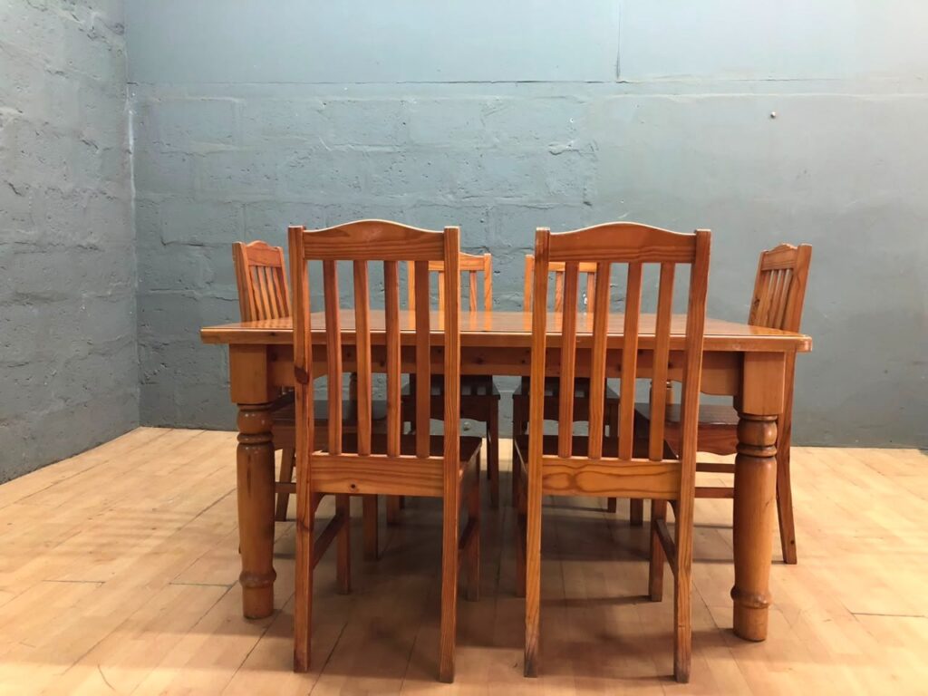 Pine Dining Table with Six Matching Chairs — 152 x 149 x 78 cm — Used, Sturdy, Cosmetic Wear