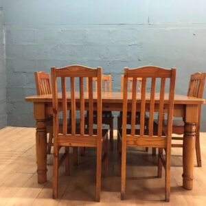 Pine Dining Table with Six Matching Chairs — 152 x 149 x 78 cm — Used, Sturdy, Cosmetic Wear