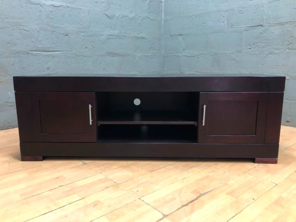 Dark wood TV unit / media console — 180 x 50 x 60 cm, cable holes, two doors & removable shelves