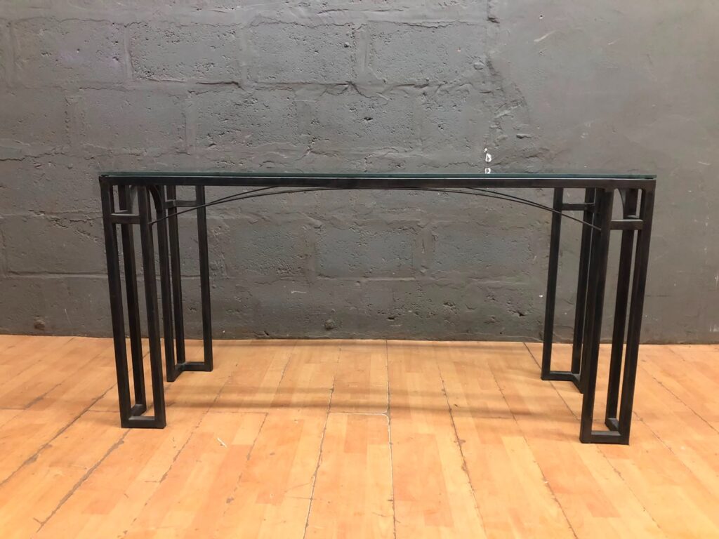Rectangular Glass-Top Metal Console Table — Geometric Black Frame, 150 x 50 x 77 cm