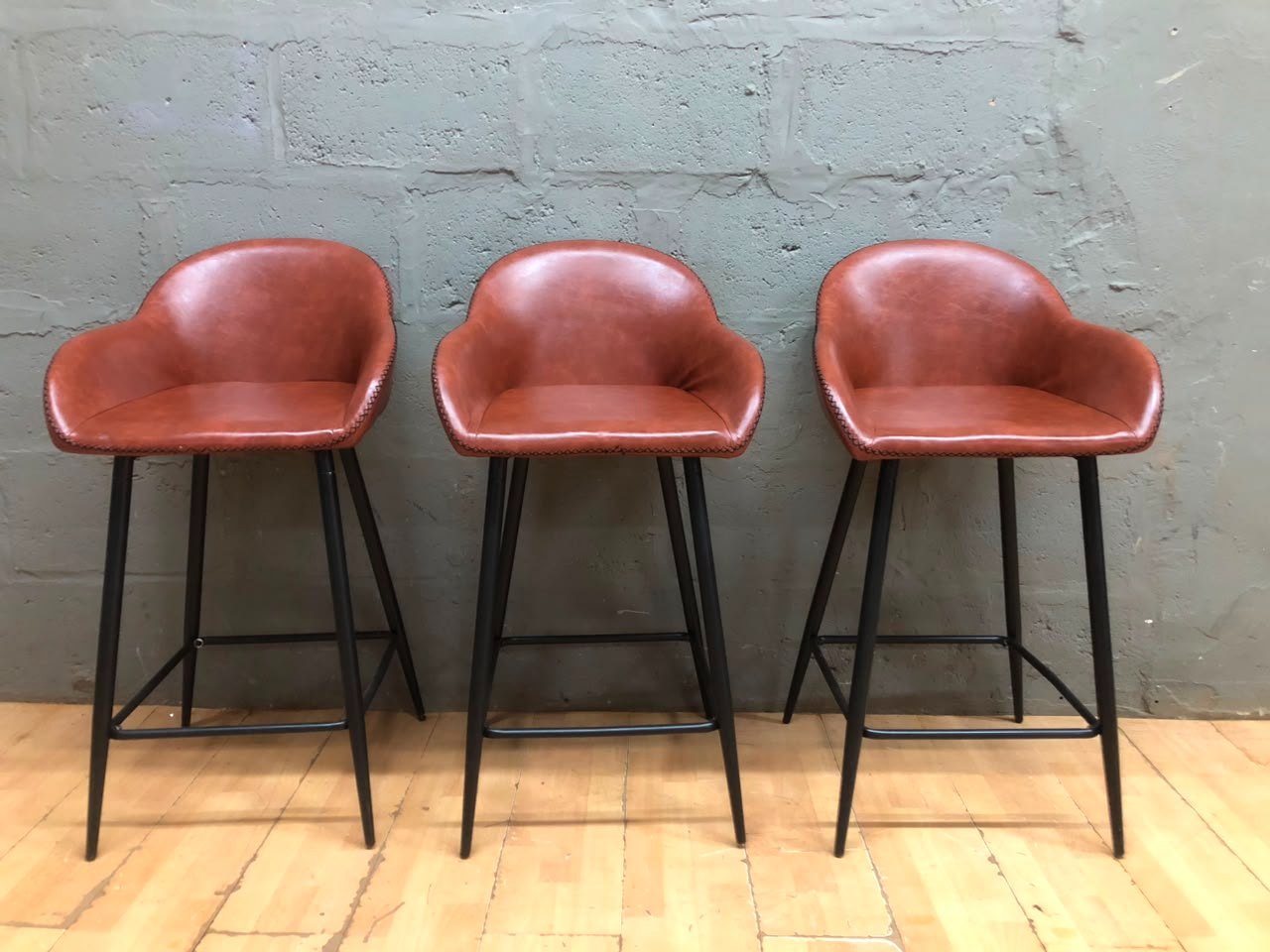 Set of 3 Brown Faux-Vinyl Bar / Counter Stools on Black Metal Legs
