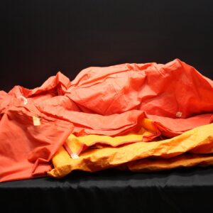 Orange nylon 'Two‑Man' tent body in stuff sack — tag reads 100% NYLON, Made in Taiwan (NO POLES)