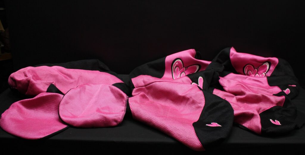 Five-piece Pink & Black Car Seat Cover Set — Heart Motif, Used with Light Stains