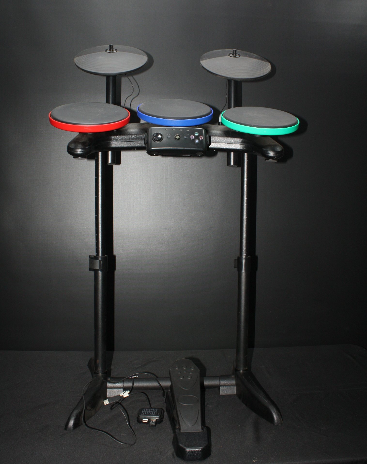 PlayStation 3 Rock Band drum kit — pads, cymbals, pedal, controller & USB dongle (Untested)