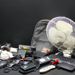 Mixed lot of used small electronics, accessories & Logik desk fan — untested, sold as-is