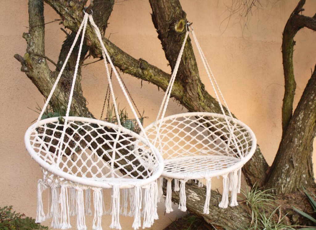 Pair of White Macramé Hanging Swing Chairs — Fringed Boho Style (Two Chairs)