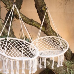 Pair of White Macramé Hanging Swing Chairs — Fringed Boho Style (Two Chairs)