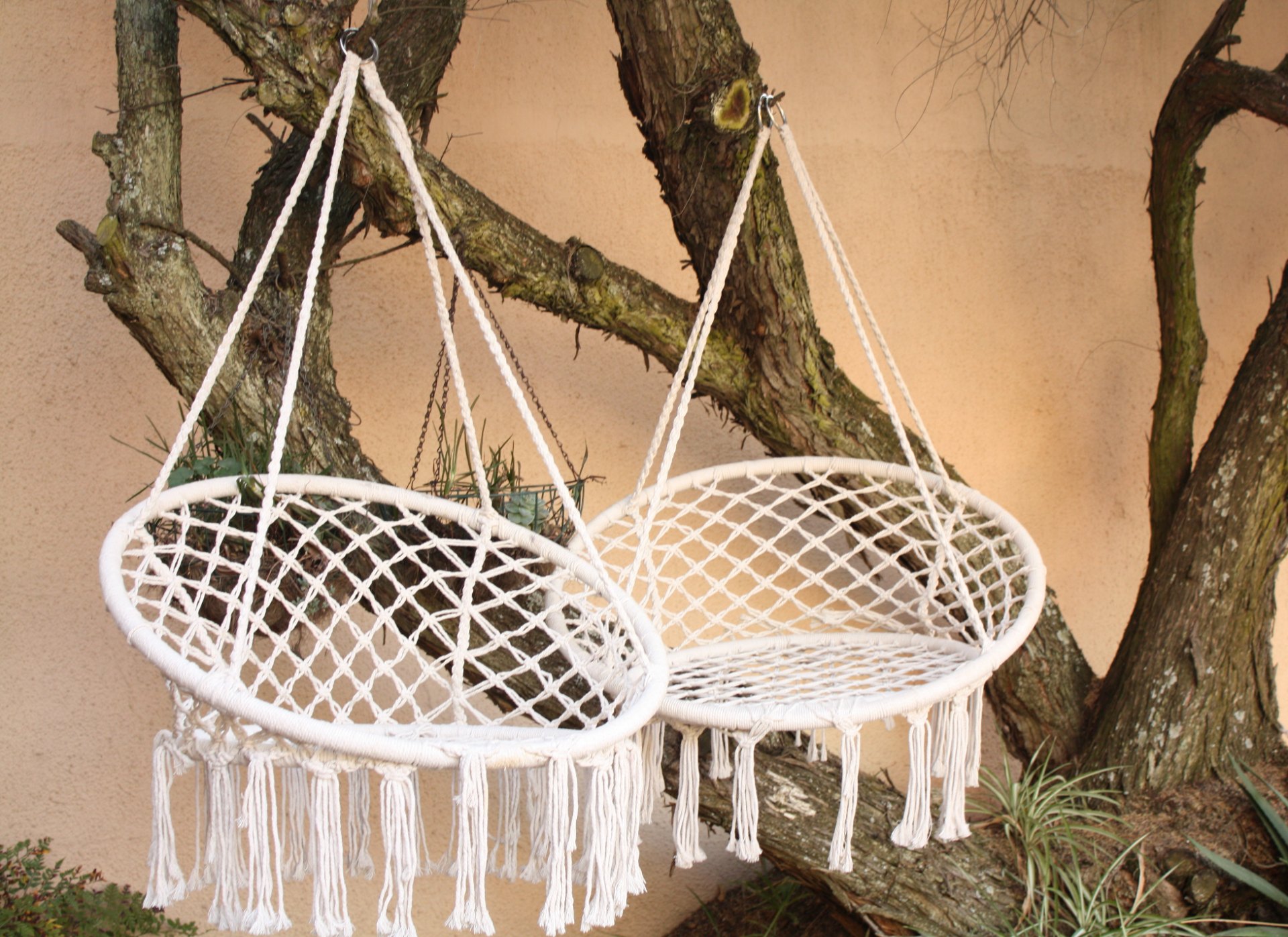 Pair of White Macramé Hanging Swing Chairs — Fringed Boho Style (Two Chairs)