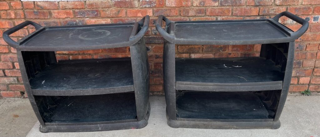Pair of Carlisle black moulded 3-shelf service carts — missing wheels, needs TLC