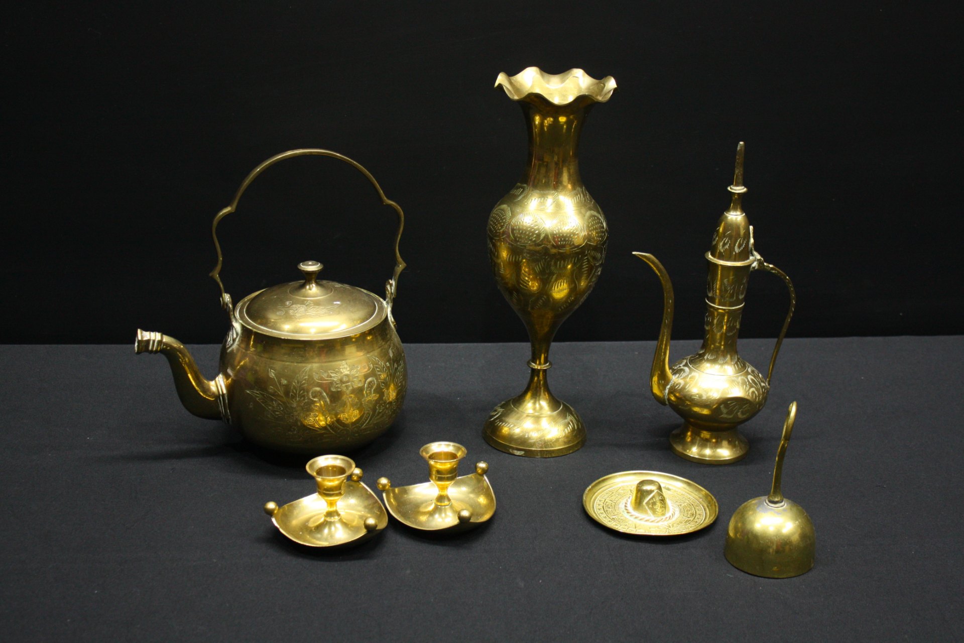 Mixed Solid Brass Decorative Lot — Teapot, Tall Vase, Ewer, Candlesticks, Bell & Dish