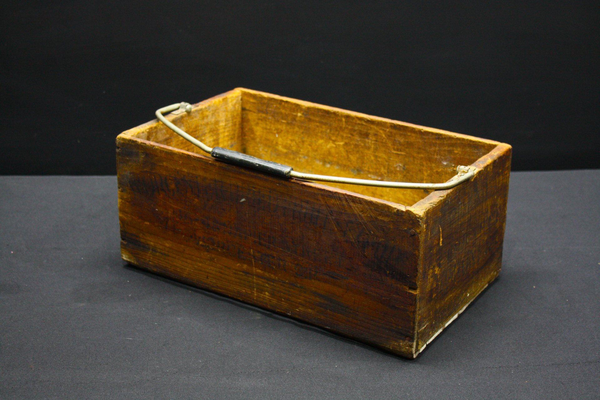 Vintage Wooden Carry Crate with Metal Folding Handle — Rustic Patina Box