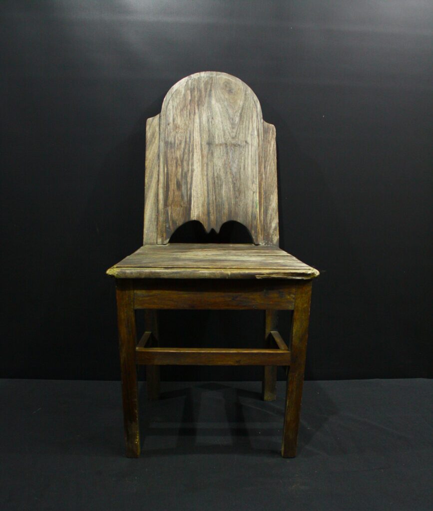 Old Wooden Single Chair — Decorative back, split seat, heavy surface wear (for restoration)