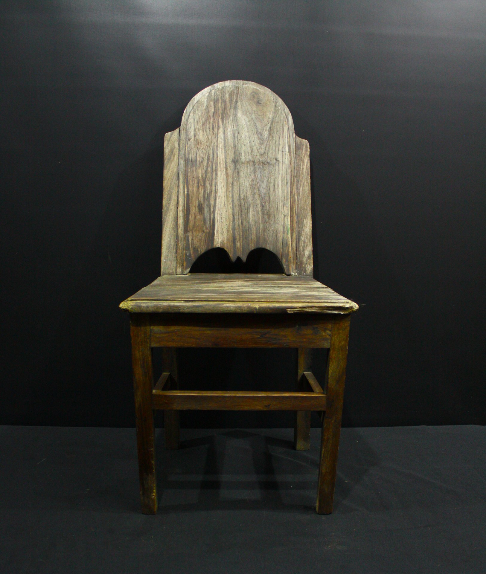 Old Wooden Single Chair — Decorative back, split seat, heavy surface wear (for restoration)