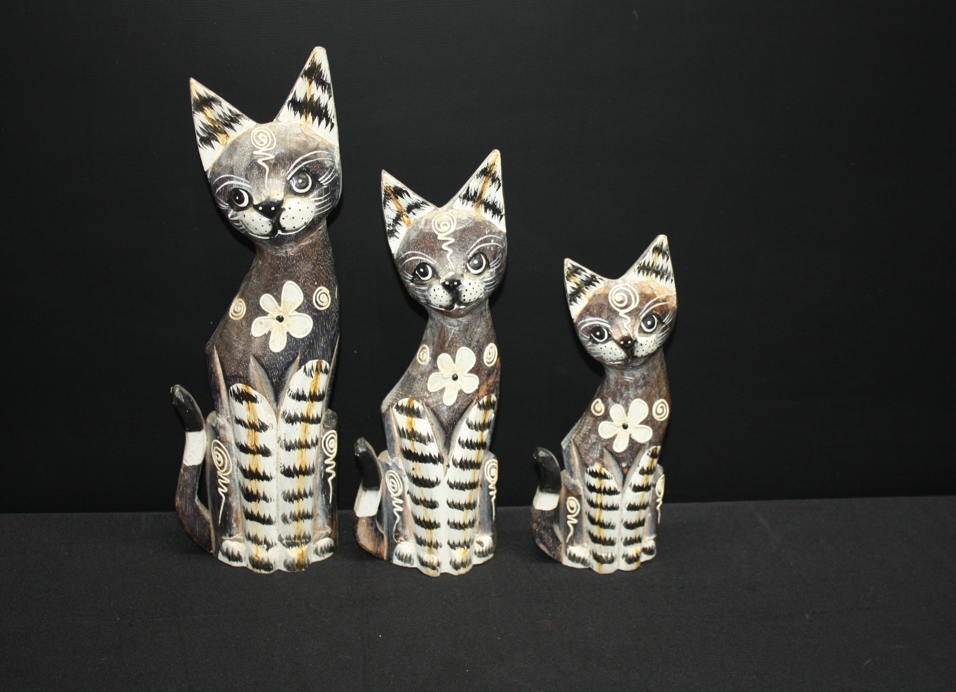 Set of 3 Carved Painted Wooden Cat Figurines — Decorative Folk-Style Set