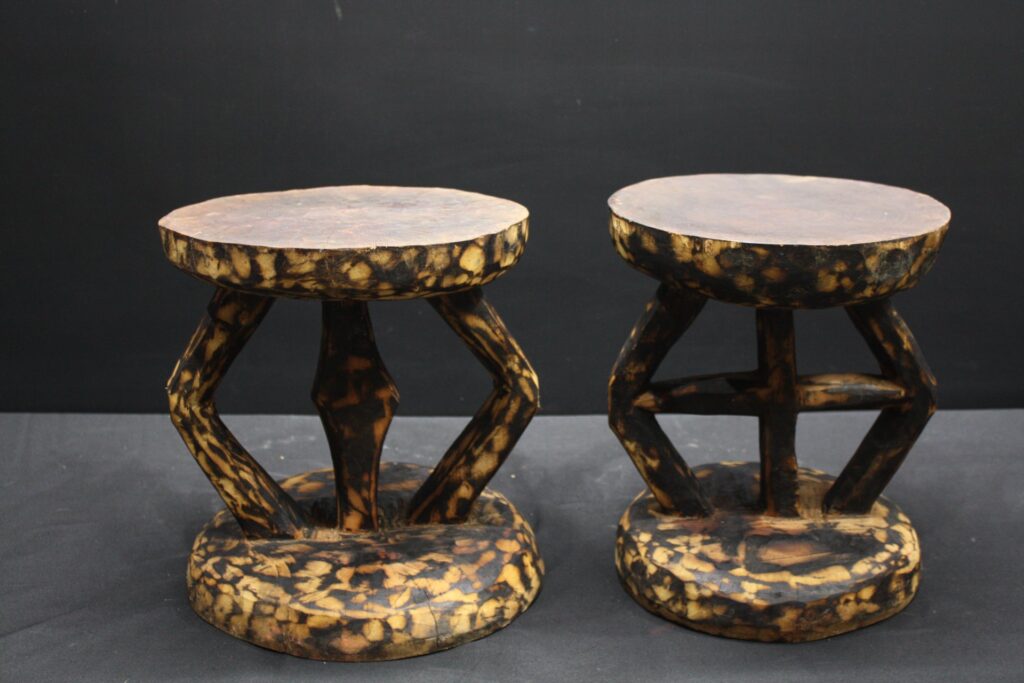 Pair of Carved Wooden Low Stools / Footstools – Spotted / Burnt Finish, Worn Patina