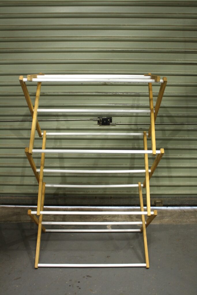 Foldable Wooden Clothes Drying Rack — Freestanding, Multiple White Rods, Good Working Order