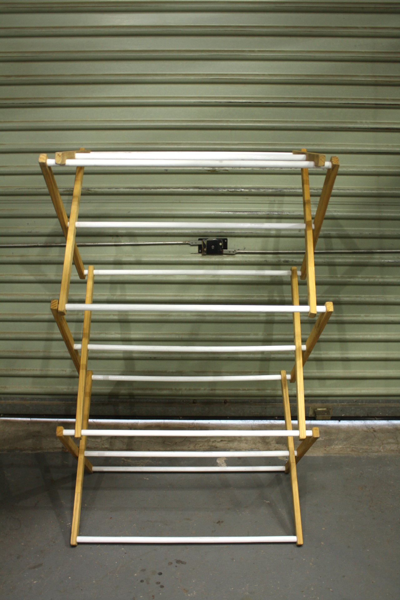 Foldable Wooden Clothes Drying Rack — Freestanding, Multiple White Rods, Good Working Order