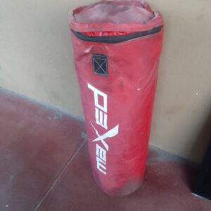 Red Fabric Filled Punching Bag – approx. 1m x 40cm, stitched hanging patch, needs straps & a clean