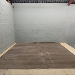 Large brown patterned area carpet / rug – 365 x 380 cm (full piece) — used, soiled, backing shown