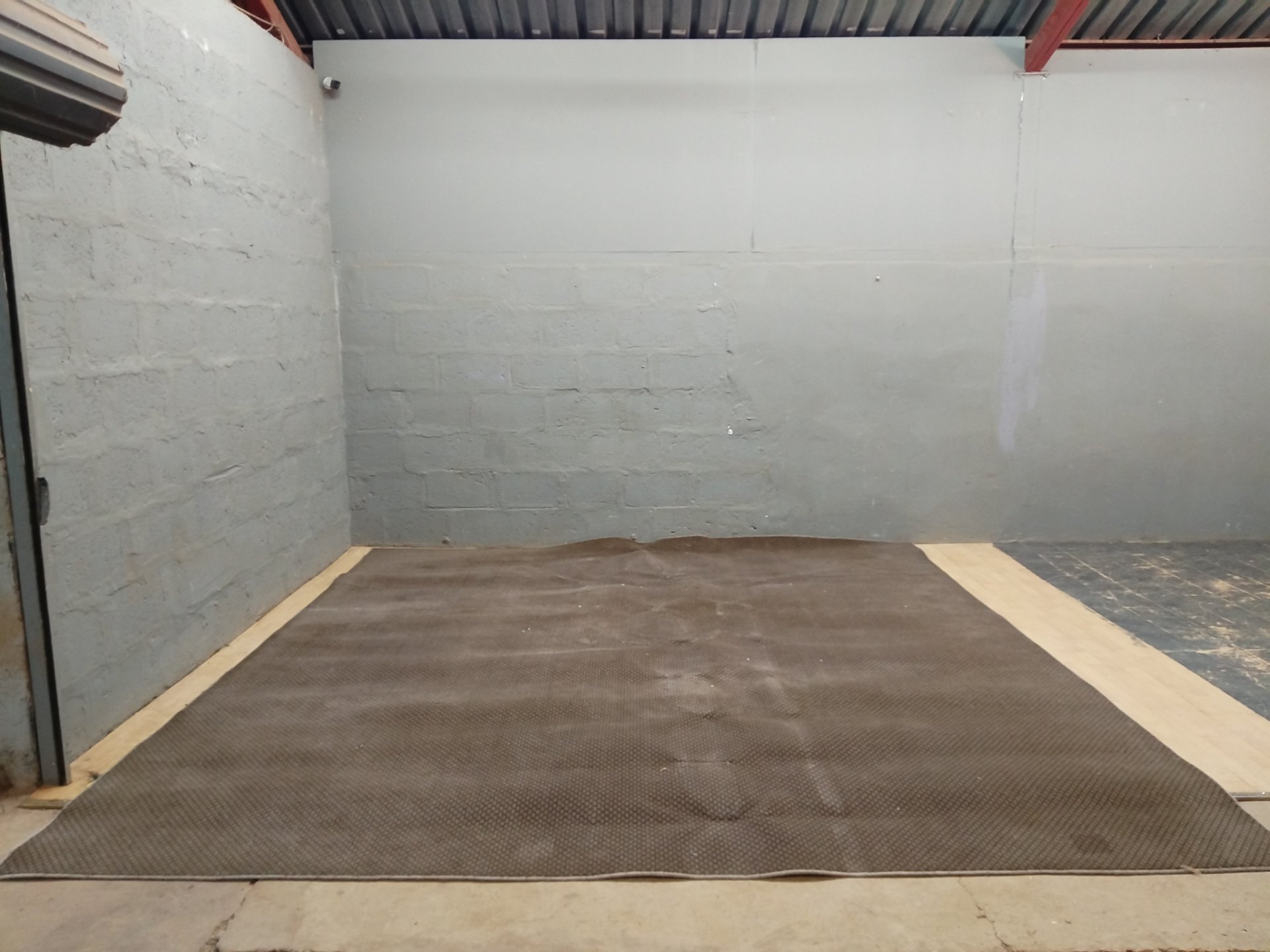 Large brown patterned area carpet / rug – 365 x 380 cm (full piece) — used, soiled, backing shown