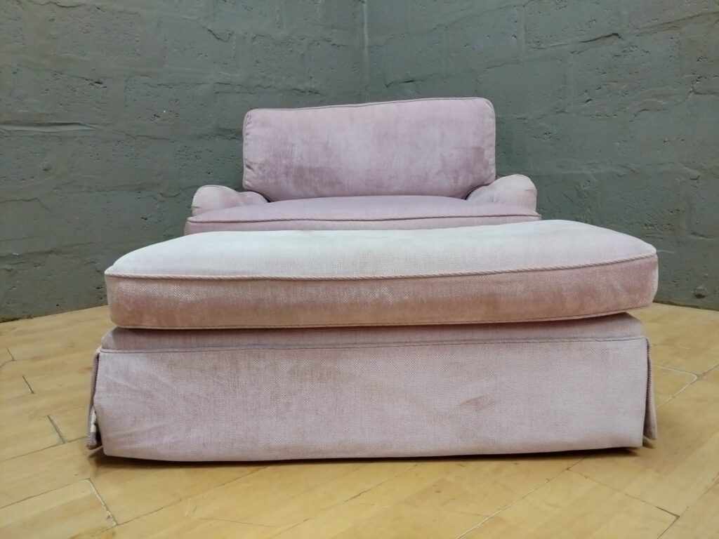 Pale-pink Upholstered Armchair + Ottoman — Removable Cushions, Used (116 x 92 x 80 cm)