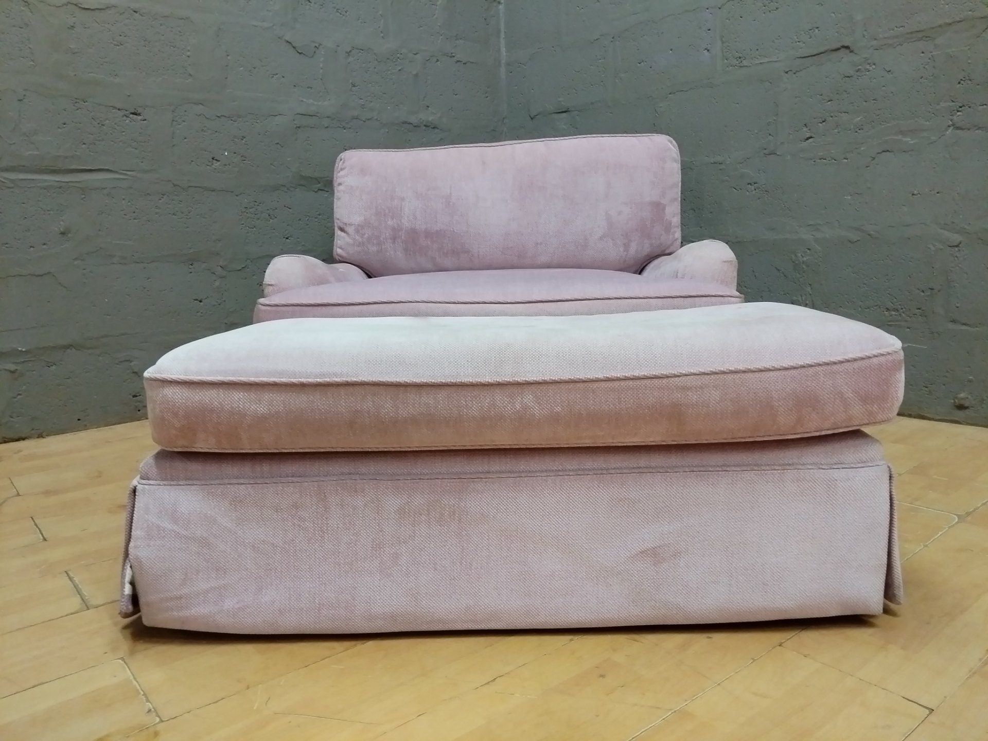 Pale-pink Upholstered Armchair + Ottoman — Removable Cushions, Used (116 x 92 x 80 cm)
