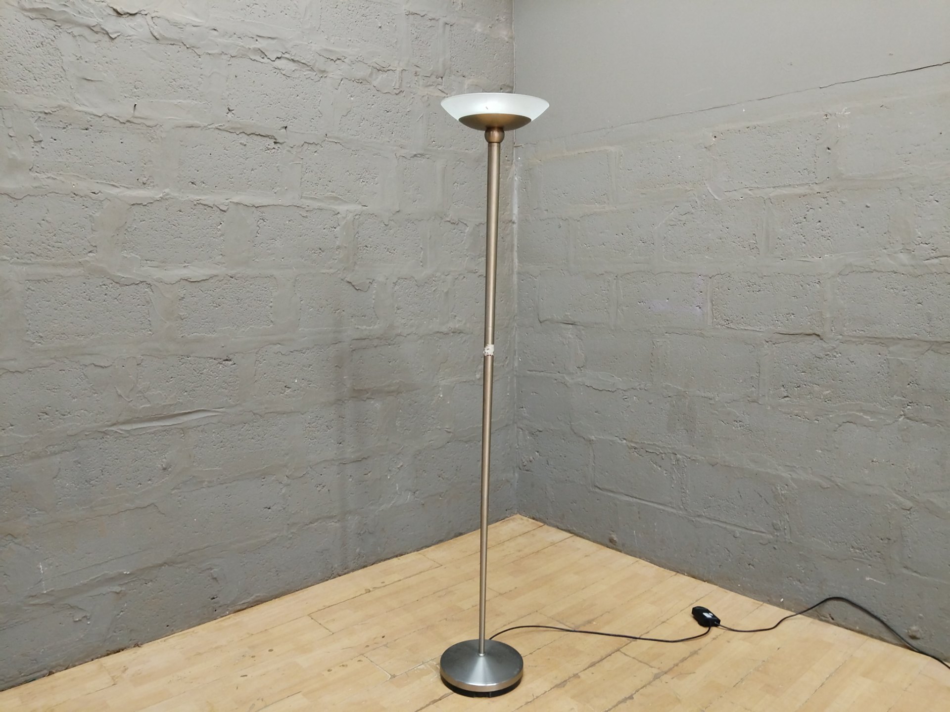 Tall torchiere floor lamp — frosted glass bowl shade, metal pole & weighted base, 182 cm, working