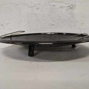 Black enamel three‑leg trivet / gas burner plate with two removable wire pot rests
